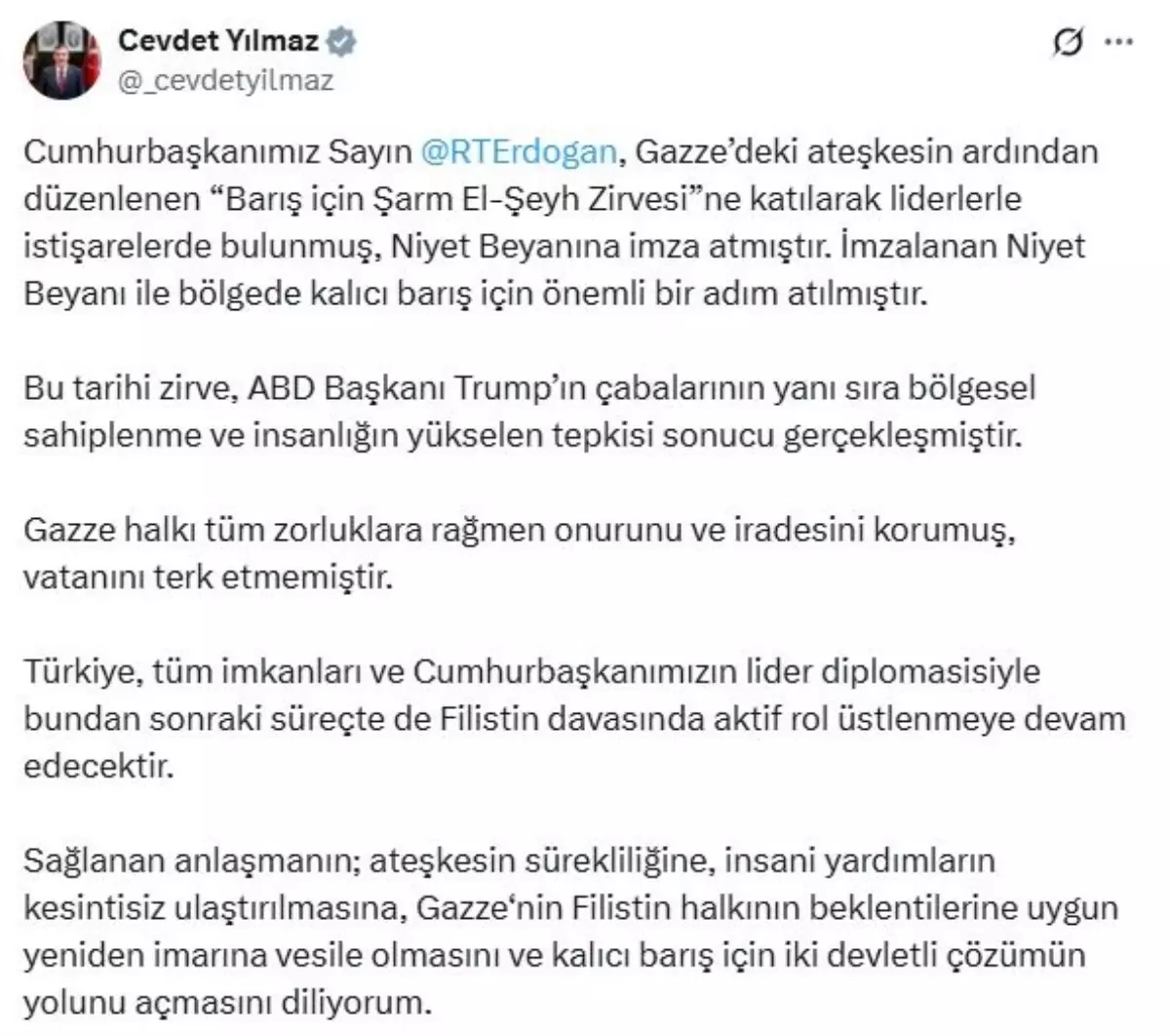 Cevdet Yılmaz: Türkiye Filistin davasında aktif rol üstlenecek