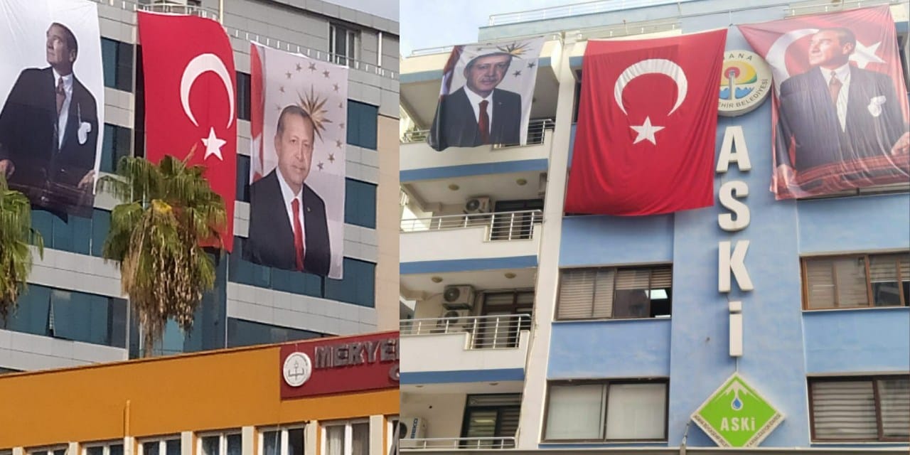 Adana’da Büyükşehir binasında Atatürk ile beraber Erdoğan posteri!