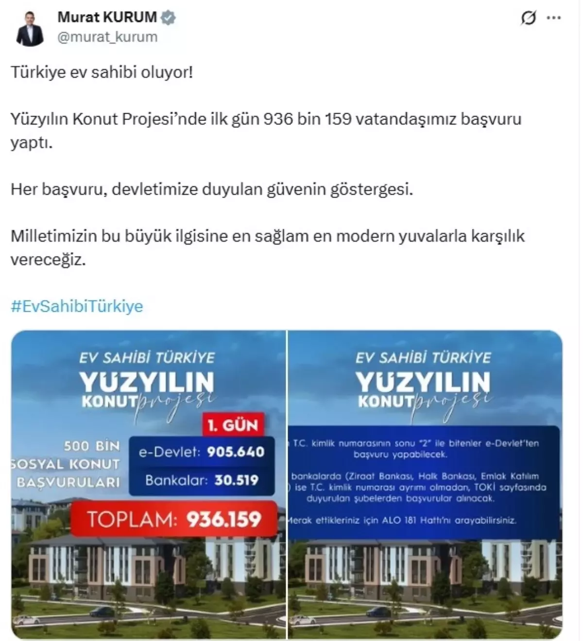 Bakan Kurum: 500 bin sosyal konut için ilk gün 936 bin 159 başvuru yapıldı
