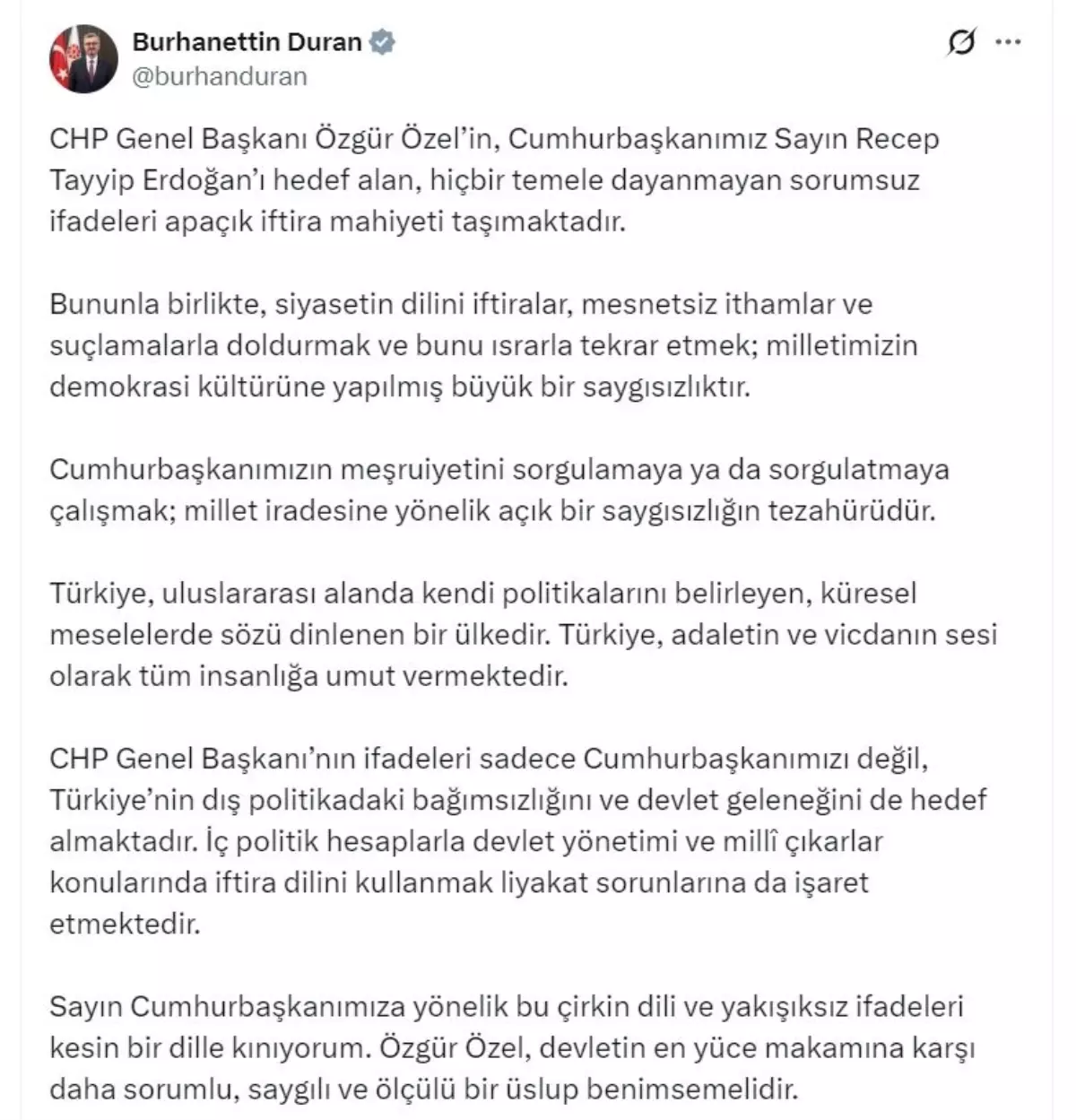 İletişim Başkanı Duran’dan CHP Liderine Sert Tepki